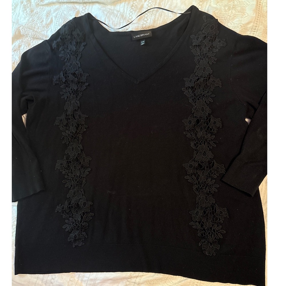 Lane Bryant Plus Size Black V‎ Neck Sweater w/ Black Lace Detail, Size 26/28